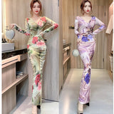 Women Maxi Dress Autumn Winter Sexy Printed Slim Fit Long Sleeve Narrow Dress
