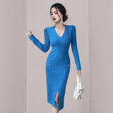 Women Maxi Dress Autumn and Winter V-neck Knitted Hip Skirt Midi Skirt