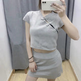 Women Sweater Knitwear Retro V-neck High Waist Exposed Navel Knitted T-shirt Sheath Skirt Suit