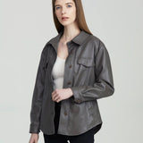 Women Leather Jacket Fall and Winter Lapels Long Sleeve Motorcycle Washed PU Leather Shirt Coat