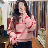 Women Knitted Pullover Vintage Stripe Lapel Pullover Autumn and Winter Loose Top