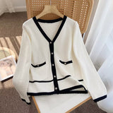 Women Sweater Knitwear Autumn and Winter Classic Style Contrast Color V-neck Knitted Cardigan Sweater Coat