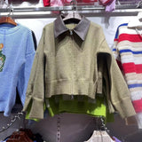 Women Knitted Cardigan Polo Leather Collar Stitching Double-Headed Zipper Sweater Coat
