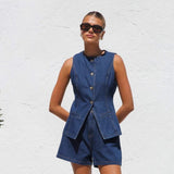 Women's pants: spring/summer amazon independent store fashion sleeveless cinched waist high-waisted loose denim shorts set (us/eu style)