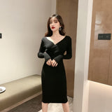 Women Maxi Dress Spring and Autumn Sexy Long Sleeve V-neck Dress Knitted Sheath Dress