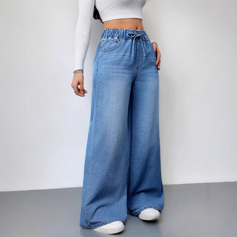Women's washed solid color high-waisted wide-leg pants - elastic waist, loose fit, slimming, long jeans for women (cross-border e-commerce)