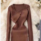 Women Maxi Dress Autumn and Winter Long Sleeve Sexy V-neck Knitted Sheath Dress