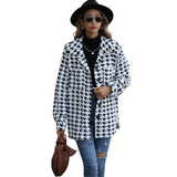 Women Trench Coat Autumn Leisure Long Sleeve Loose Houndstooth Mid-Length Flannel Blazer Collar Coat