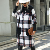 Women Trench Coat Autumn Loose Long Sleeve Striped Plush Hooded Stitching Plaid Gold Mink Velvet Coat