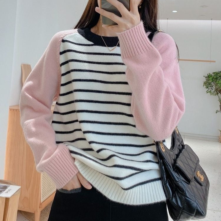 Women Knitwear Autumn and Winter Striped round Neck Sweater Loose Sweater