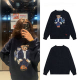 Cartoon bear embroidered rolled-neck sweater, crew neck top, knitted wool sweater, couple's autumn/winter pure cotton heavy-duty knitwear