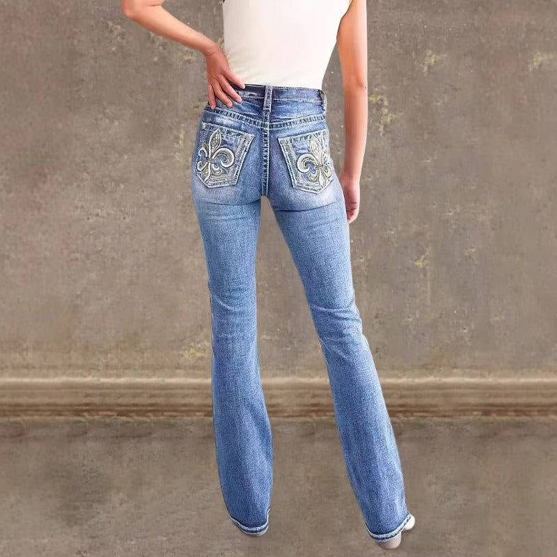 Women's pants: cross-border fashion, spring/summer styles, back pocket, double button, slim-fit, stretch denim jeans with embroidery