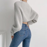 Women Sweater Knitwear Sexy Short Navel Knitted Top High Waist Loose Plush Cardigan Coat