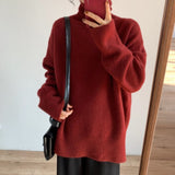 Women Knitted Pullover Red Sweater Turtleneck Coat Loose Sweater
