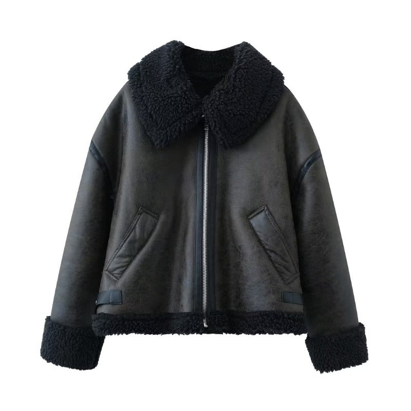 Women Leather Jacket Winter Fur Lapel Women's Leather Jacket Warm Coat