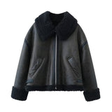 Women Leather Jacket Winter Fur Lapel Women's Leather Jacket Warm Coat