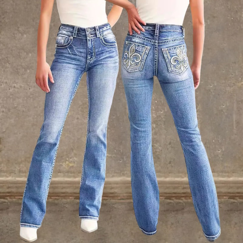 Women's pants: cross-border fashion, spring/summer styles, back pocket, double button, slim-fit, stretch denim jeans with embroidery