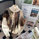 Women Knitwear Autumn and Winter Turtleneck Plaid Tassel Knitted Cardigan