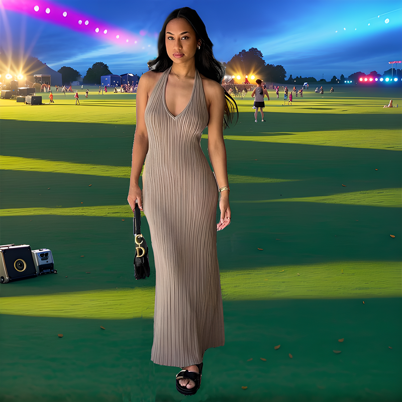 Coachella Dress 2023 Rabbit velvet core-spun yarn messy pit strip V-neck thin knitted long backless lace-up dress casual waist women