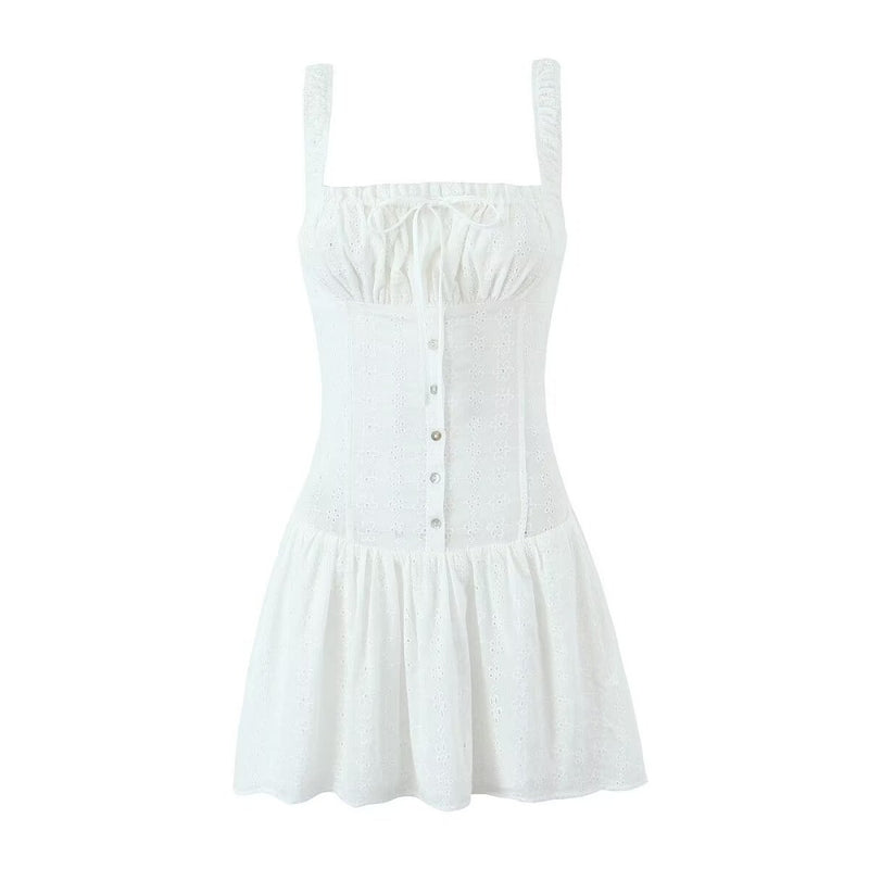 Women Dresses Summer Embroidered Square Collar Dress Hollow Skirt (Xds0414)