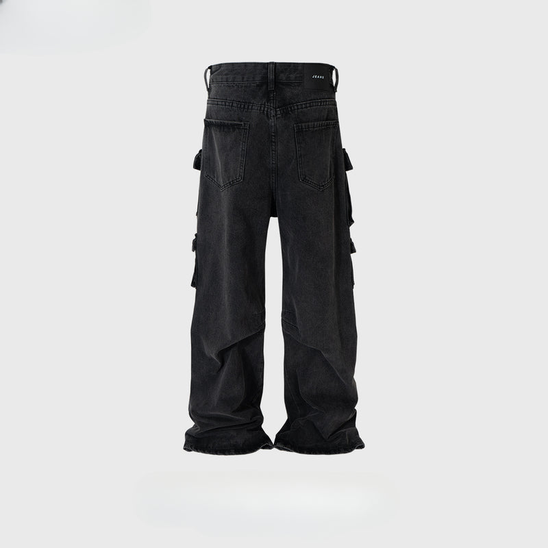 MIJKO Mens Vintage Pants MIJKO Tooling Wash High Street Wide Feet Black Jeans