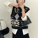 Women Knitted Cardigan Retro Crew Neck Knitted Vest