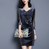 Women Maxi Dress Autumn Winter Retro Velvet V-neck Sheath Dress