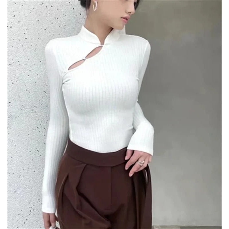 Women Sweater Knitwear Mandarin Collar Knitwear Spring Sexy Long Sleeve T-shirt