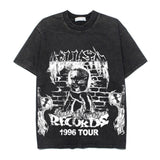 Hip-hop t-shirts: american high street washed & distressed vintage portrait print oversized trendy short sleeve tee