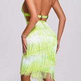 Women Evening Dress Bandage Fluorescent Green Dress Tassel Hip Skirt