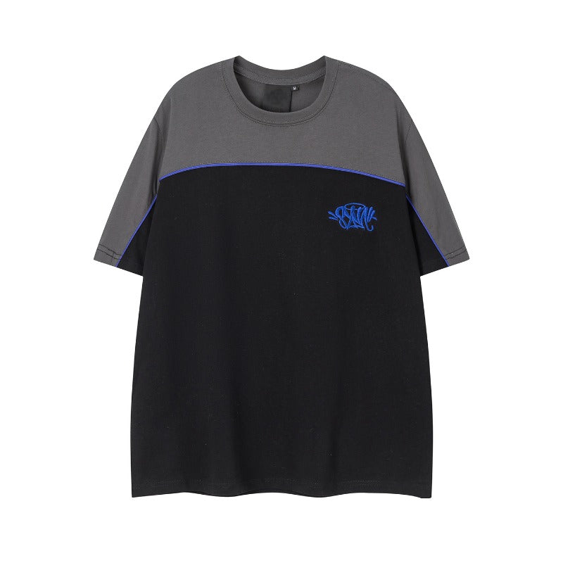 Hip-hop t-shirts: american-style short-sleeve, letter-embroidered, color-blocked, loose-fit, crew neck tee