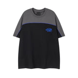 Hip-hop t-shirts: american-style short-sleeve, letter-embroidered, color-blocked, loose-fit, crew neck tee