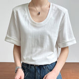 Women T Shirt U Collar Short Sleeve T-shirt Loose Sleeve T-shirt