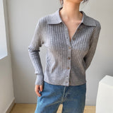 Women Knitwear Autumn Polo Collar Sweater Vintage Slim-Fit Knitted Cardigan