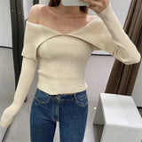 Women Sweater Knitwear Lapel Sweater Autumn Winter Sexy off-the-Shoulder Fold Collar Long Sleeve Sweater