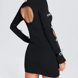 Women's Evening Dress Black Long Sleeve Bowknot Hollow-out Midriff Mini Skirt Sheath Bandage One-Piece Dress