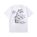 Hip-hop t-shirts: spring/summer high street trendy short-sleeve starry sky flame letter embossed portrait print tee