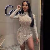 Women Dresses Turtleneck Beaded Dress Sexy Tight Beads Tassels Party Skirt (Ont0408)