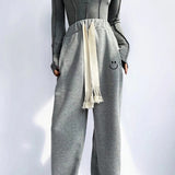 Women Sweatpants Smiling Face Embroidery Loose Wide Leg Pants Casual Sweatpants