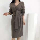Women Maxi Dress Autumn and Winter V-neck Knitted Dress