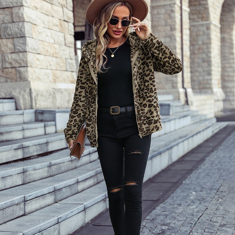 Women Trench Coat Fall Winter Hooded Long Sleeve Loose Zip Animal Pattern Flannel Casual Coat