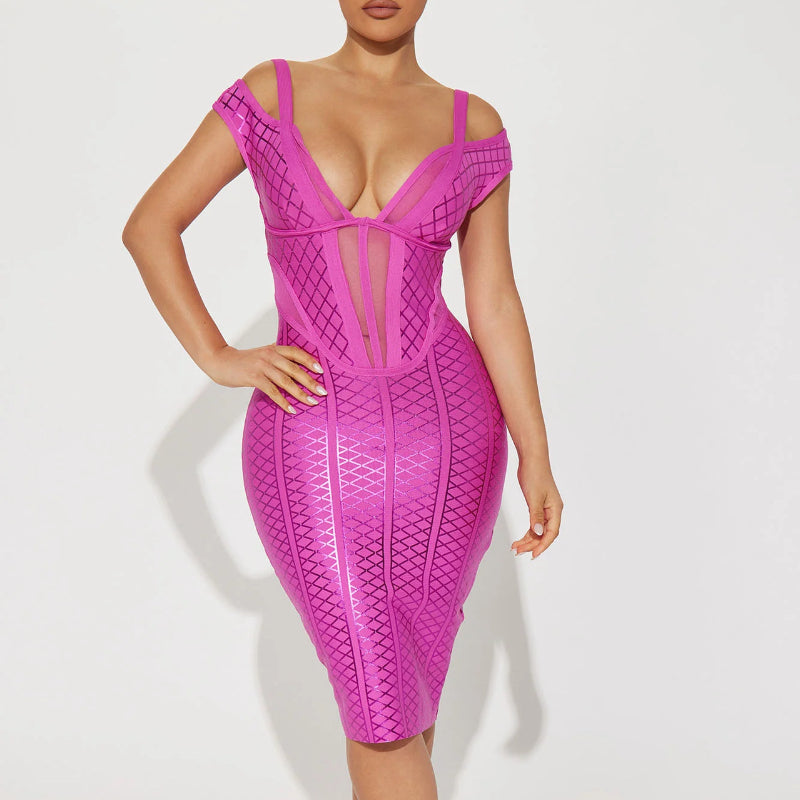 Women Evening Dress Sexy V-neck Mesh Camisole Sheath Bandage One-Piece Dress