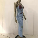 Women Dresses Blue Rhinestone Sequin Sling Long Dress (Ont0408)