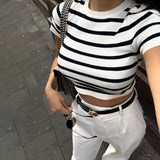 Women Sweater Knitwear Autumn Crew Neck Short Sleeve Stripe Knitted T-shirt Top