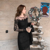 Women Maxi Dress Spring and Autumn Hollow Sexy Lace Evening Dress Hip Skirt