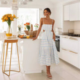 Women Dresses Summer Suspender Stripes Long Dress (Jkw0408)
