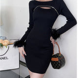 Women Maxi Dress Autumn and Winter Hollow Long Sleeve Narrow Knitted Dress