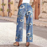 Women's vintage denim pants - cross-border, random print, loose wide-leg, spring/summer floral pattern, straight-leg, high-waisted jeans