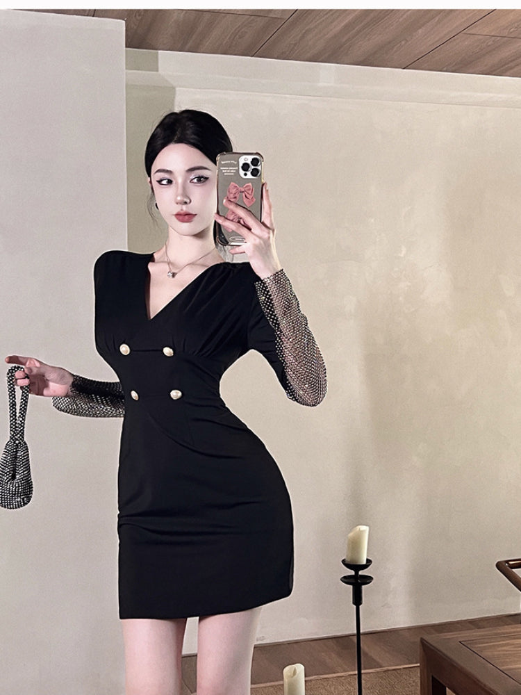 Women Maxi Dress Autumn and Winter V-neck Double Row Button Gown Dress