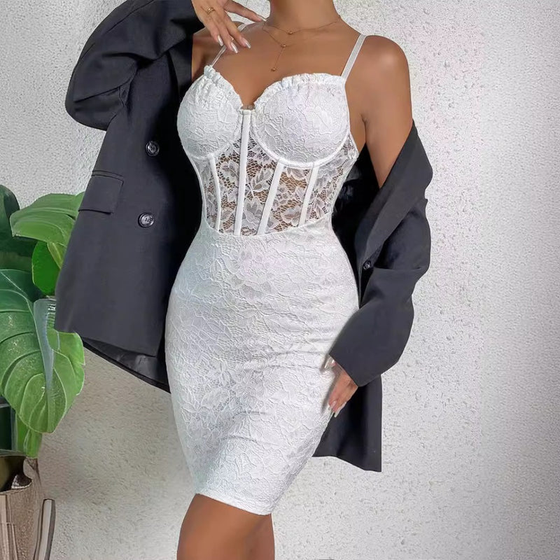 Women Dresses V-neck Hip Skirt Hollow Lace Dress (Cy0417)